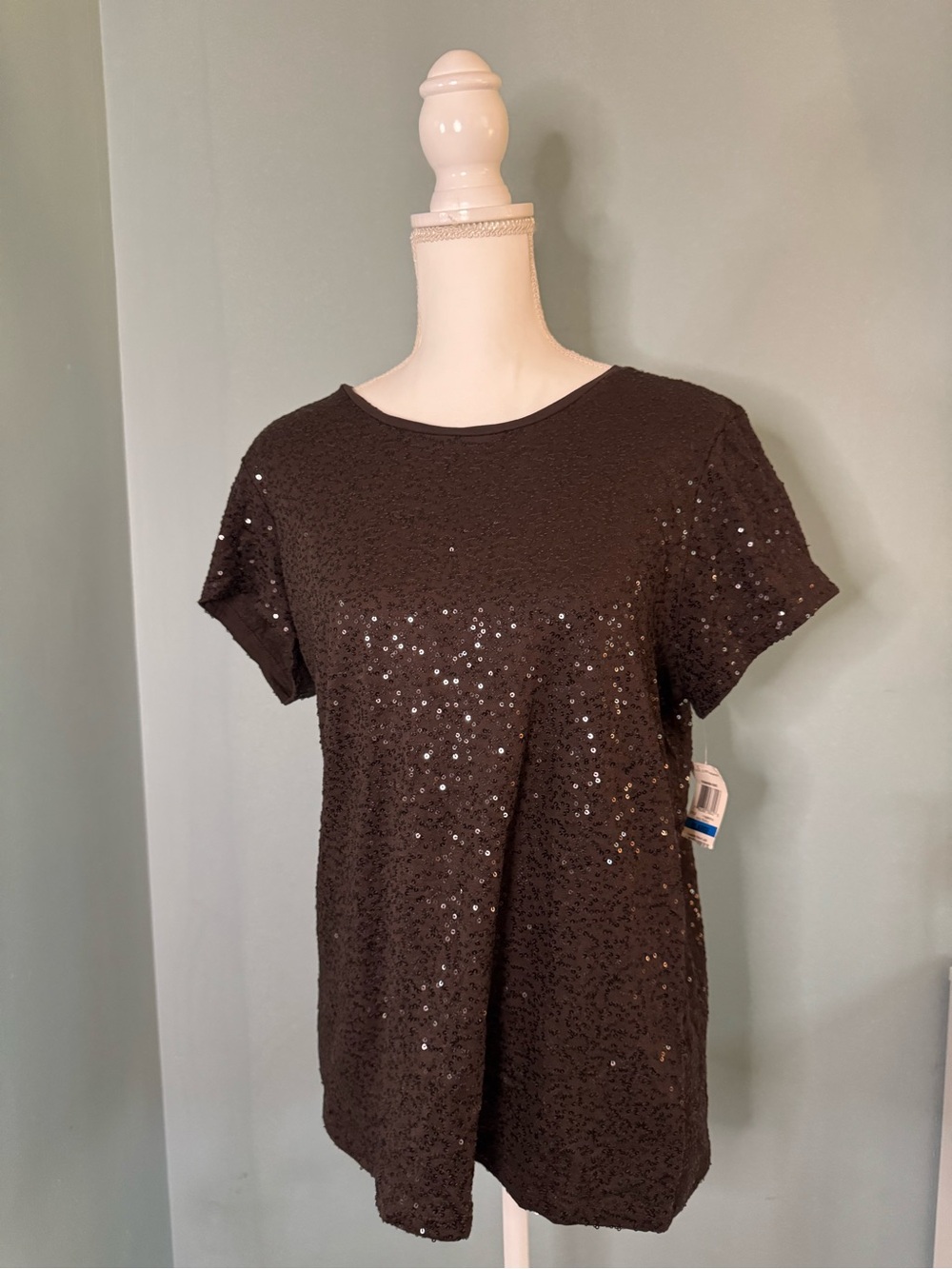 Charter Club Brown Short Sleeve Sequin Tee Shirt Top XL